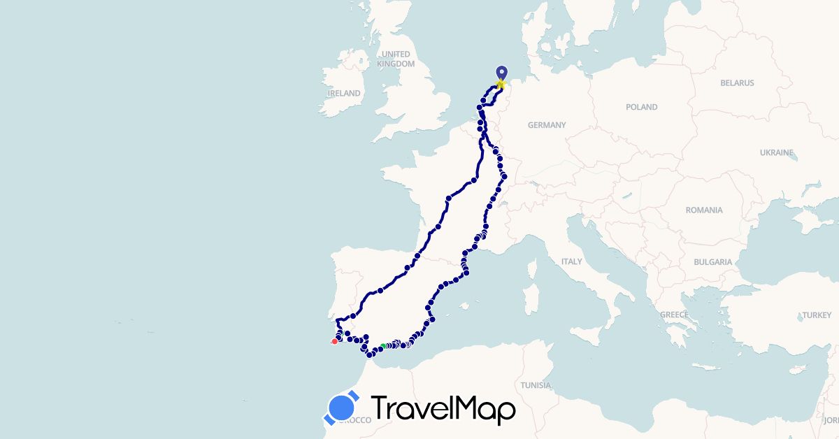 TravelMap itinerary: driving, bus, hiking in Belgium, Spain, France, Luxembourg, Netherlands, Portugal (Europe)