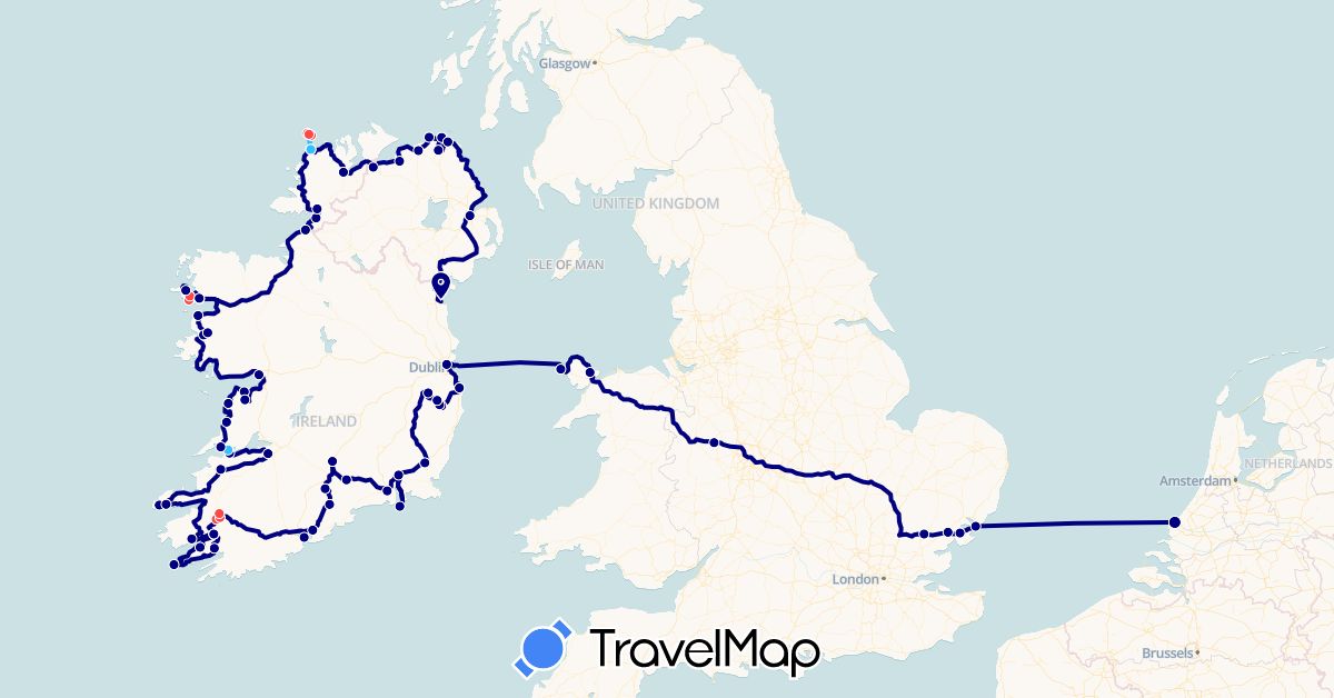 TravelMap itinerary: driving, hiking, boat in United Kingdom, Ireland, Netherlands (Europe)